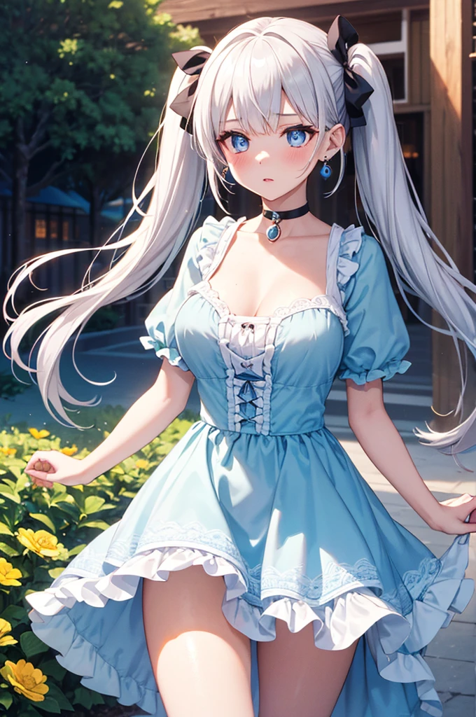 (masterpiece:1.2, top-quality), (realistic, photorealistic:1.4), beautiful illustration, (natural side lighting, movie lighting), depth of fields, nsfw,
beautiful detailed hair, beautiful detailed face, beautiful detailed eyes, beautiful clavicle, beautiful body, beautiful chest, beautiful thigh, beautiful legs,
looking at viewer, 1 girl, 12 years old, (perfect anatomy, anatomically correct, super detailed skin), cute and symmetrical face, perfect face, perfect eyes,
(long hair:1.5, straight hair:1.4, silver hair), swept bangs, blue eyes, big eyes, long eye lasher, (medium breasts, seductive thighs), perfect body, shiny skin, pink skin,
(short sleeve), break ((open shoulder puff sleeve light blue neck frills blouse)), break (middle length white skirt), break
(beautiful scenery), evening, (train station), standing, (lovely smile, open mouth slightly),