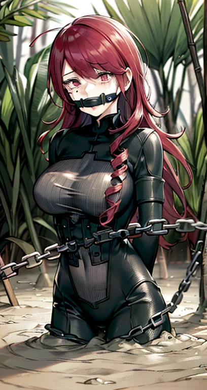 (black bodysuit, grey bodysuit:1.4), kirijou mitsuru, (red eyes, long hair, messy hair, red hair:1.4), 1girl, (gag, gagged, tape gag, restrained:1.4), (((fear, tears, crying))), thigh gap, (((large breasts))), ((a girl is sinking into quicksand)), ((quicksand)), (((standing))), sinking in quicksand, partially submerged, (only upper body visible), Sinking in mud, jungle, (arms behind back:1.4), (chains), (((chained up)))
