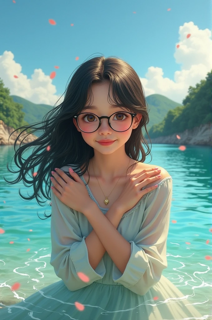 there is a woman wearing a hat and glasses standing in a stream, with straw hat,flat chests:1.3