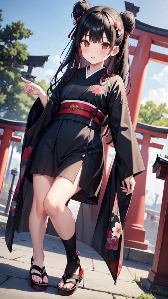 ((masterpiece,)),2 girls, black kimono, Black Legwear, black ribbon black hair, 樱flower, sky, flower, Hair Bun, hair ribbon japanese clothes, kimono, Long hair, Looking at the audience, review , Multiple girls, belt, outdoor, Red Eyes, Red Hair, Ribbon Sandals, Monogram, ladder, permanent, statue, Torii, Tree, white kimono, Eyes