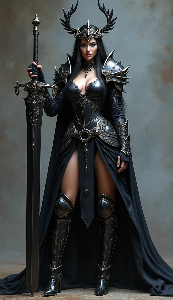 in front of church,an oriental goddess,Lupus,Long silver hair,Big breasts,Perfect proportions for the body,穿著黑色Lupus聖鬥衣,Holding the broad sword tightly with both hands.Magic runes carved on the sword,8k,Movie Special Effects,movie lighting,Realism(1:0)