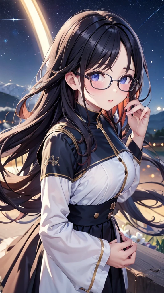 close up, An anime wearing white glasses , Standing on the land,Night view ,There are many stars in the night sky,Galaxy ,Colorful flowers,头像close up, Oil painting style, Very obvious oil painting brushstrokes, Impressionist color palette style, 32K Ultra HD, Beautiful, tomorrow, Old times, Color cartoon--ar 3:4——