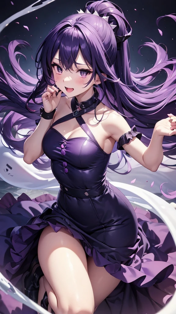 ghost, (Monster Girl), Purple Skin, peak, Purple Spiky Hair, Sudden laughter, Floating Hands, Wearing a dark purple dress, Floating in mid-air, masterpiece, 