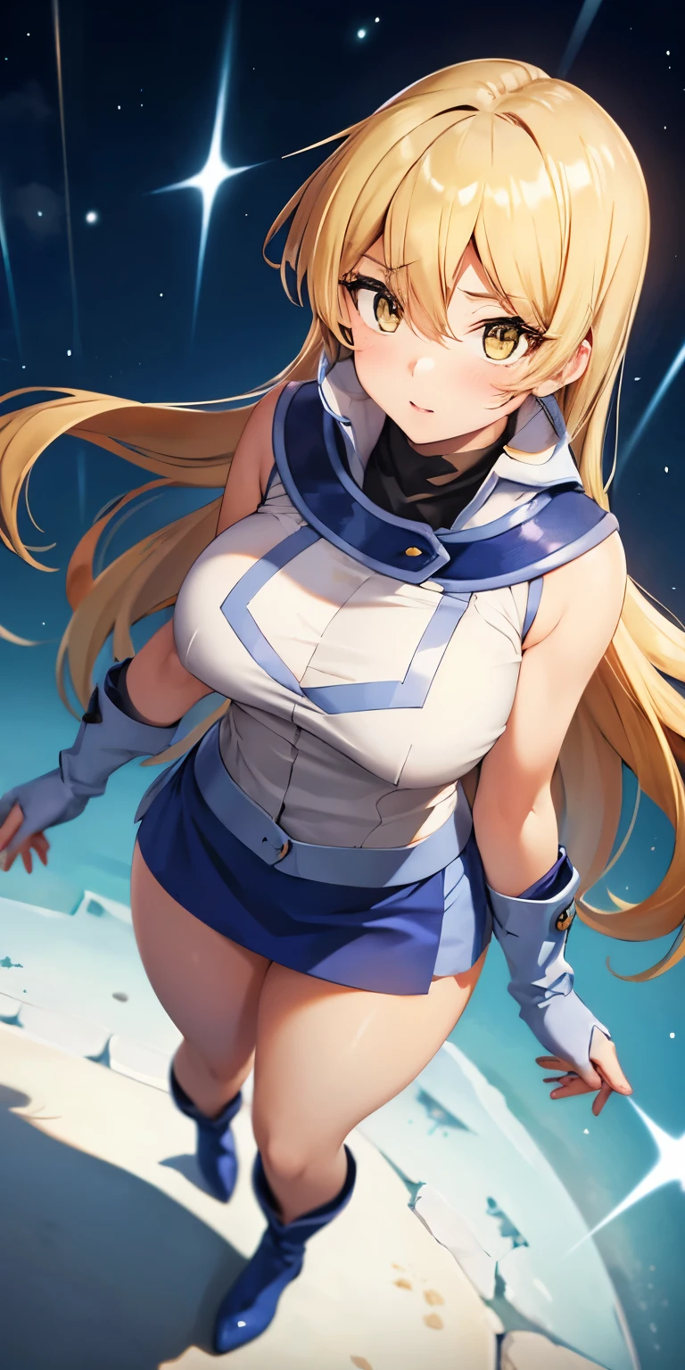 1 Female,High definition,high resolution,Ultra-realistic,8K, 8K, ta1,blonde hair,long hair,yellow eyes, white jacket, sleeveless, blue skirt,tight skirt , miniskirt,fingerless gloves,European,sexy,Upper body close-up,Photographed from the front,Dynamic Angles,(blush), big tits , happy, wink the eye,facial, sweat,multicolored hair , outdoors, moonlight, night ,leaf , windy,tree background