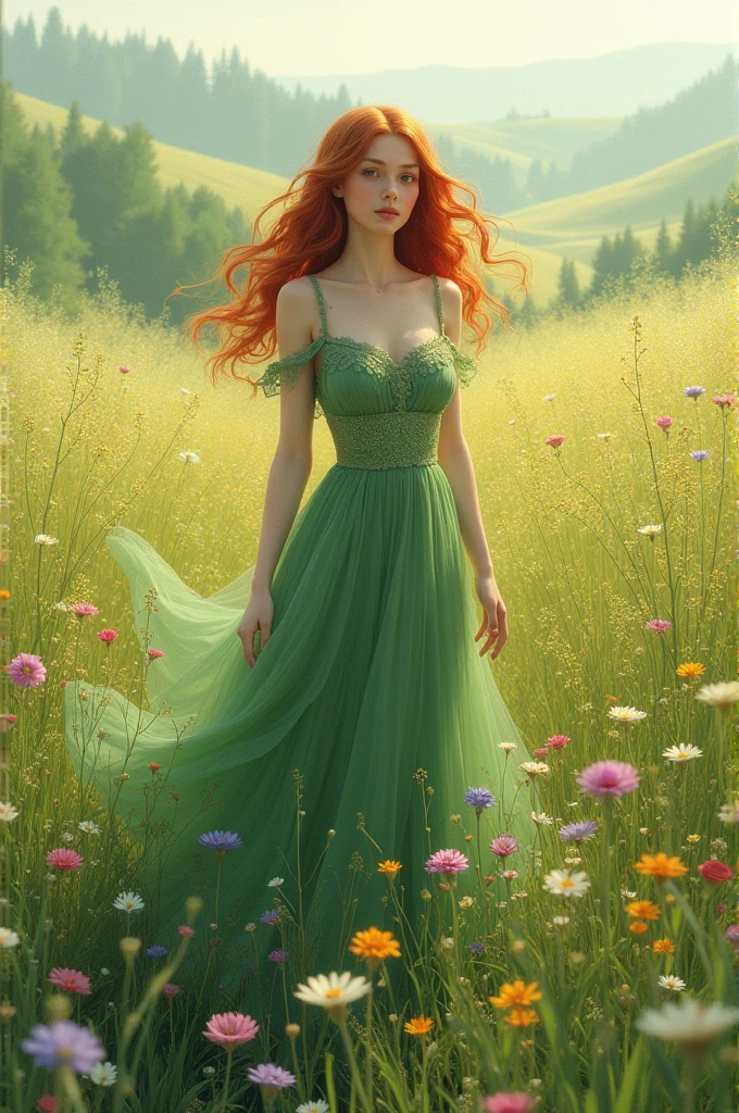 An ultra-realistic and highly detailed image of a teenage princess with pale skin, natural red and very curly hair. She is adorned with jewelry. Her dress is elegant and green with silver details. She is strolling through a very flowery and colorful garden. Butterflies and fireflies are flying around her. She is smiling broadly at the camera. The scene is set in the late afternoon. The image is captured with a Canon EOS R5 paired with an 85mm f/1.4L IS USM lens, ensuring stunning clarity and rich details. The lighting is soft and warm, with the late afternoon sun casting a golden glow on the princess and the surrounding garden. The aspect ratio is 9:16, emphasizing the vertical composition