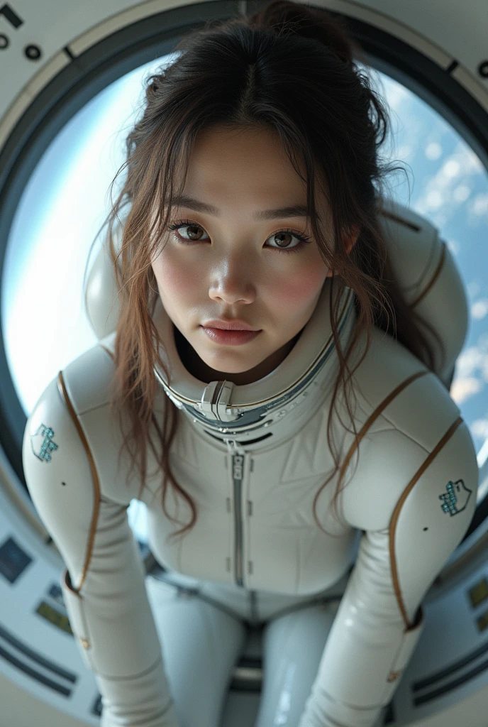 (8k, RAW photo, best quality, masterpiece), (photorealistic), outstanding details, ultra-high resolution, anatomically correct, textured skin, (Extremely precise and accurate anatomy),
Ultra Detailed Face, Detailed Eyes,
(whole body), (full body), (Wide-angle lens effect:1.2),
a beautiful female space pilot, (Cute Japanese girl , 20-year-old), (light smile:1.2), (Mouth slightly open) ,
(white tank top), (blue leggings), barefoot, Side braids, Brown Hair, cinematic lighting in the hair, hair light, wind in the hair,
the girl is floating around in zero gravity in a cabin of a futuristic spaceship,
no gravity, weightless, flying around, Free to move up and down,
(A spacious white cylindrical cabin), a minimalist cabin, white walls, subdued light in the spaceship, lots of displayers and instruments are the main source for the light in the scene, displayers in orange and blue light,
(through a window in the spaceship we can see the black hole from the movie Interstellar), or a spiral galaxy,
(backlighting),
(reflection light from below:1.4),
atmospheric perspective, depth of field,
(dramatic lighting), cinematic lighting,