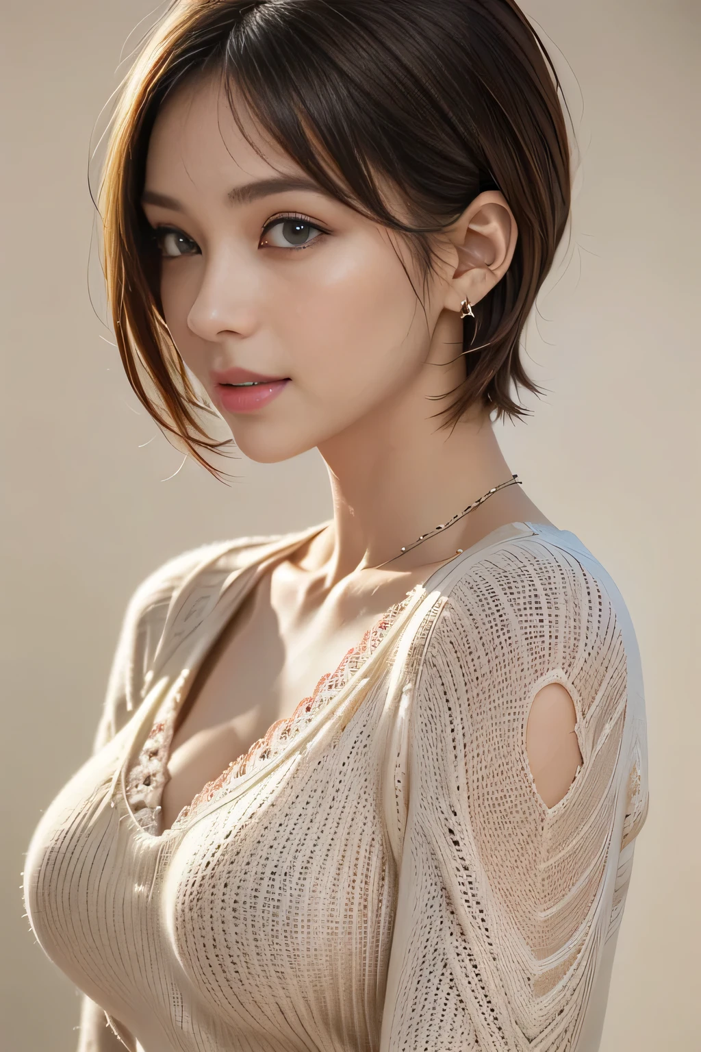 (1 female:1.37), Above the knee shot, (From the side:1.21), Japanese women, 1 supermodel, (Perfect Anatomy:1.37), Anatomically correct body shape, Golden Ratio, (Best Quality:1.4), 32k resolution, (Realistic:1.5), (超Realistic:1.5), High resolution UHD, (masterpiece:1.2)), (Improved quality:1.4), (Very beautiful facial details), (Best quality realistic skin texture:1.4), A tight fitting uniform, ((Lace dress:1.37))、 Big earrings, necklace, (Big Breasts:1.3), ((No background:1.15)), Accurate Fingers, Very detailed, Symmetrical eyes, Thin eyelashes, Shaping your eyebrows, ((Very detailed portraits)), Emphasis on bust top, Red cheeks, Ultra-realistic eyes, Perfect Lips, Perfect Eyes, Perfect Iris, Natural Makeup, [Pink lipstick], ((A great eye for quality:1.2)), (tired, Sleepy and satisfied:0.0), (Beautiful Lips:1.33), (Great nose:1.2), (Large Breasts), brunette pixie cut, ((Realistic)), ((Sharp focus)), (Highest Resolution), ((The most ridiculous quality)), ((masterpiece)), Professional Cinema Lighting,See-through、