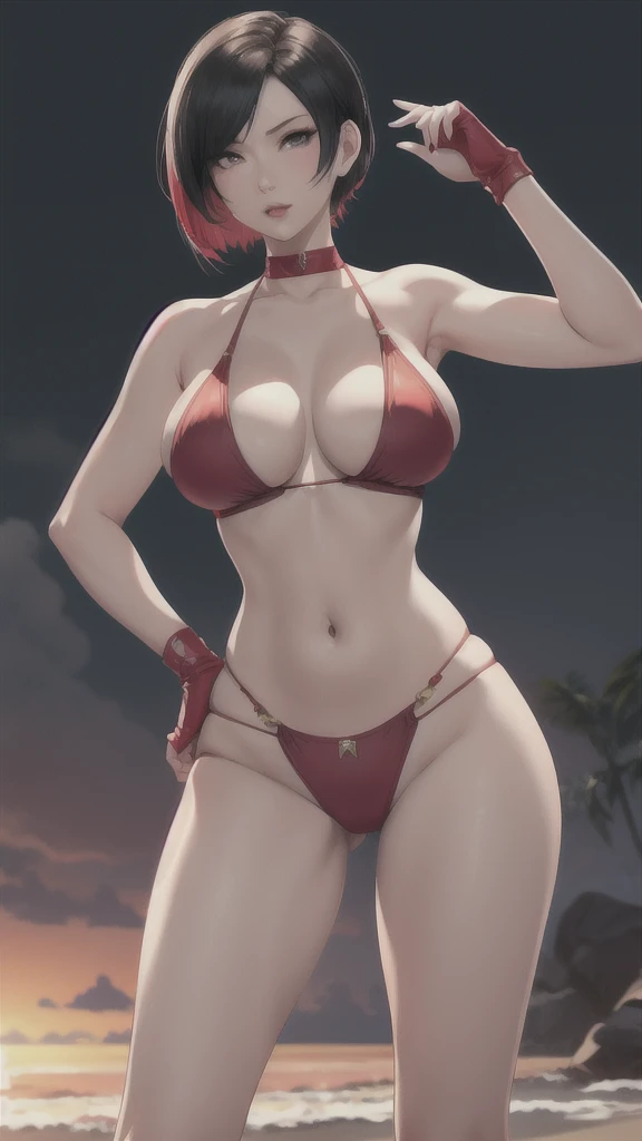 Ada Wong, Chinese woman, 1woman, sexy, curvy, big hips, big breasts, short black hair, Chinese features, resident evil, nyantcha art style, ThiccWithaQ art style, venus bikini, fortune bikini, jewelry, navel, beach background, colorful, rubies, gold, diamonds, hand on hips, sunglasses, mature woman, DOAXvenusAnimagineXL, DOA venus bikini, fortune bikini, gems, jewels, pretty, sunset, relaxed 