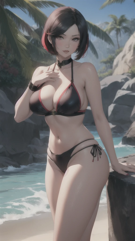 Ada Wong, Chinese woman, 1woman, sexy, curvy, big hips, big breasts, short black hair, Chinese features, resident evil, nyantcha art style, ThiccWithaQ art style, venus bikini, fortune bikini, jewelry, navel, beach background, colorful, rubies, gold, diamonds, hand on hips, sunglasses, mature woman, DOAXvenusAnimagineXL, DOA venus bikini, fortune bikini, gems, jewels, pretty, sunset, relaxed 