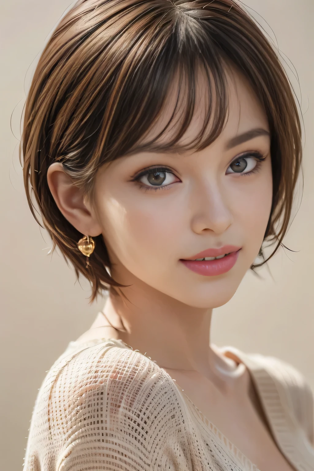 (1 female:1.37), Above the knee shot, (From the side:1.21), Japanese women, 1 supermodel, (Perfect Anatomy:1.37), Anatomically correct body shape, Golden Ratio, (Best Quality:1.4), 32k resolution, (Realistic:1.5), (超Realistic:1.5), High resolution UHD, (masterpiece:1.2)), (Improved quality:1.4), (Very beautiful facial details), (Best quality realistic skin texture:1.4), A tight fitting uniform, ((Lace dress:1.37))、 Big earrings, necklace, (Big Breasts:1.3), ((No background:1.15)), Accurate Fingers, Very detailed, Symmetrical eyes, Thin eyelashes, Shaping your eyebrows, ((Very detailed portraits)), Emphasis on bust top, Red cheeks, Ultra-realistic eyes, Perfect Lips, Perfect Eyes, Perfect Iris, Natural Makeup, [Pink lipstick], ((A great eye for quality:1.2)), (tired, Sleepy and satisfied:0.0), (Beautiful Lips:1.33), (Great nose:1.2), (Large Breasts), brunette pixie cut, ((Realistic)), ((Sharp focus)), (Highest Resolution), ((The most ridiculous quality)), ((masterpiece)), Professional Cinema Lighting,See-through、