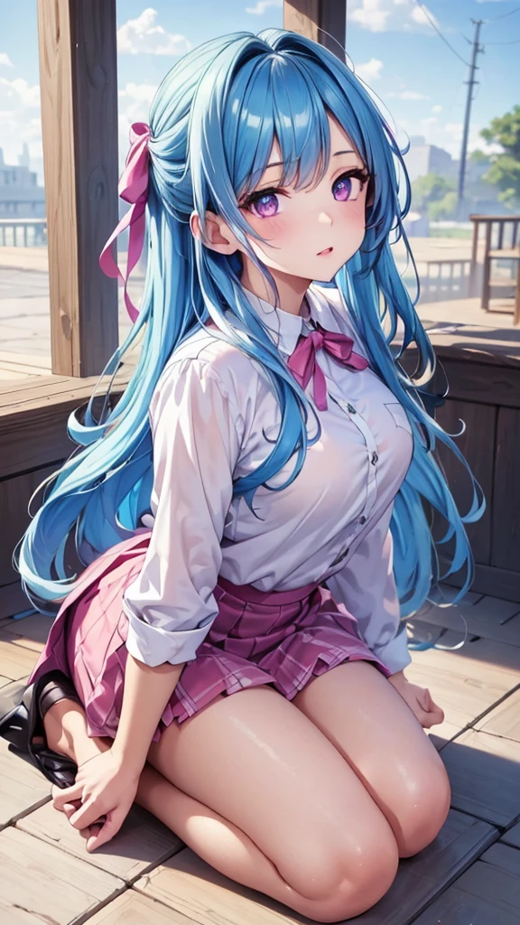 (Detailed beautiful eyes and Detailed face, masterpiece side light, masterpiece, , Detailed, High resolution illustrations), (1 girl, beautiful girl, Glowing skin), (Sky blue hair, Pink Eyes, skirt, Ribbon Button Shirt)(Kneeling on the ground)