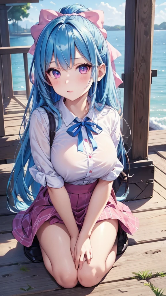 (Detailed beautiful eyes and Detailed face, masterpiece side light, masterpiece, , Detailed, High resolution illustrations), (1 girl, beautiful girl, Glowing skin), (Sky blue hair, Pink Eyes, skirt, Ribbon Button Shirt)(Kneeling on the ground)