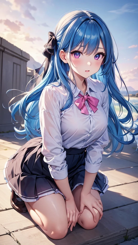 (Detailed beautiful eyes and Detailed face, masterpiece side light, masterpiece, , Detailed, High resolution illustrations), (1 girl, beautiful girl, Glowing skin), (Sky blue hair, Pink Eyes, skirt, Ribbon Button Shirt)(Kneeling on the ground)