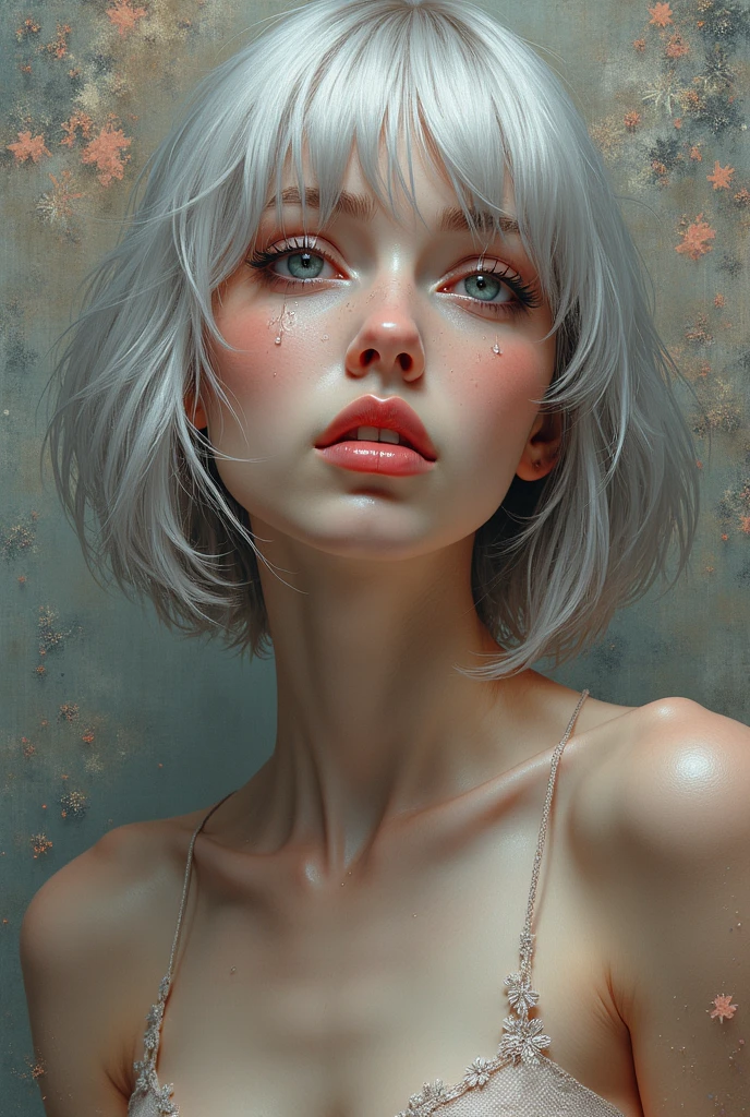 Hyperrealist portrait of female by david hockney and alphonse mucha, fantasy art, photo realistic, dynamic lighting, artstation, poster, volumetric lighting, very detailed faces, 4 k, award winning, 1girl, in the dark, deep shadow, low key, cowboy shot, ((vampire girl)), ((gothic white dress, bob cut hair, white hair)).
