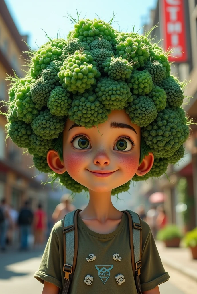 Hybrid of a ager and cabbage, Masterful painting, hiquality, ultra- detailed, Colorful caricature style, Brilliant lighting, Scenic paints, bright colours, A young hero with a cabbage head, Fashionable outfits of a teen, Dynamic poses, Wonderful little things in the background, Playful details, Cheerful atmosphere.