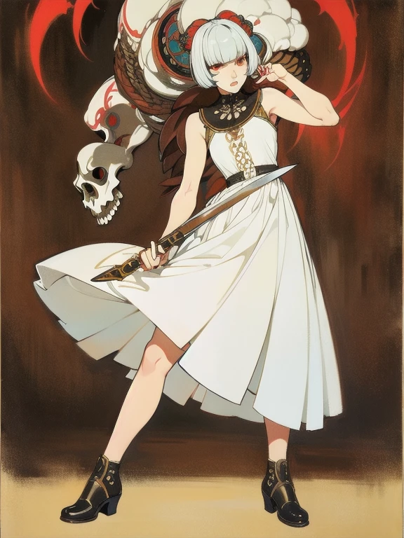 (masterpiece), (High resolution), (Full body portrait), （Cyberpunk）、White bowl cut、Sleeveless white dress with skull pattern、 Dark atmosphere, Flat illustration, Creepy Appearance, Distinctive hairstyle, Creative accessories, Unique atmosphere,A Little Nightmare、Holding a knife in both hands
