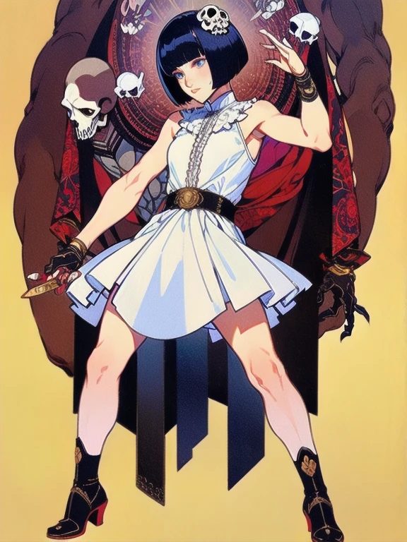 (masterpiece), (High resolution), (Full body portrait), （Cyberpunk）、White bowl cut、Sleeveless white dress with skull pattern、 Dark atmosphere, Flat illustration, Creepy Appearance, Distinctive hairstyle, Creative accessories, Unique atmosphere,A Little Nightmare、Holding a knife in both hands
