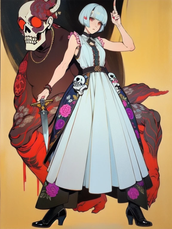 (masterpiece), (High resolution), (Full body portrait), （Cyberpunk）、White bowl cut、Sleeveless white dress with skull pattern、 Dark atmosphere, Flat illustration, Creepy Appearance, Distinctive hairstyle, Creative accessories, Unique atmosphere,A Little Nightmare、Holding a knife in both hands
