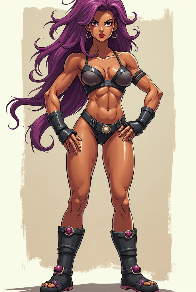 Full body toe to head 1solofemale drow elf purple grey dark skin standing pose yellow bikini, 2legs, 2arms, muscle abs toned, slender body, long silver white hair, purple eyes, hands on hips red gloves gauntles, red military boots ((plain background))