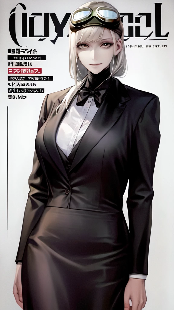 goggles, 
(formal:1.28), cover Weekly Magazine, 
light smile, closed mouth, 
lady,mature female, cowboy shot,
(white background, simple background:1.18),
highres,official art,original,masterpiece,best quality,
(large breasts),
 