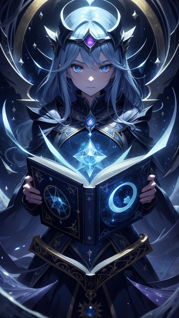 magic grimoire, night book, beautiful blue and gold, Jewel, runes inscribed on the spine of the book, silver and blue and therefore, magic, Fantasy, magic book, abyss magic, Space Stars, therefore, moon phases in the book, emblem of the constellations, ruby gems, square book, closed book
