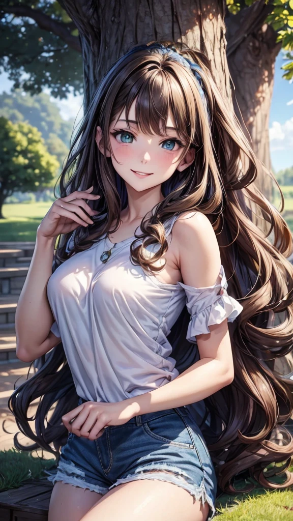 masterpiece, , Extremely detailed), Portrait of a woman with light brown hair, Curly green eyes, Beige top and blue jeans，Smiling blue shorts singing under the tree (Leaning against a tree) and read a brown book - automatic super realistic -  