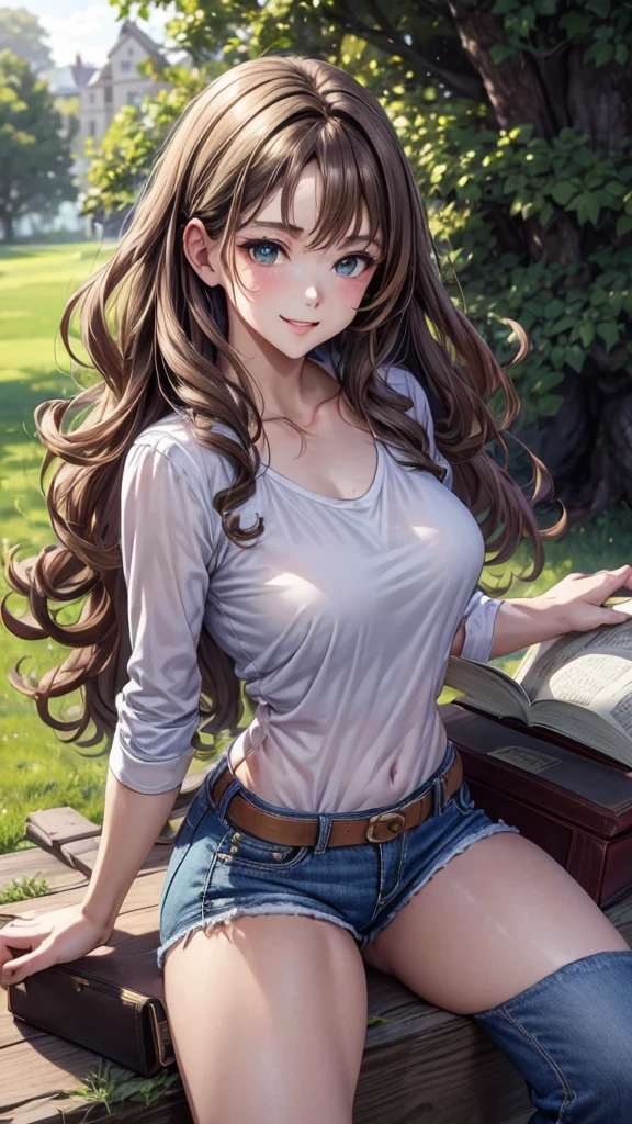 masterpiece, , Extremely detailed), Portrait of a woman with light brown hair, Curly green eyes, Beige top and blue jeans，Smiling blue shorts singing under the tree (Leaning against a tree) and read a brown book - automatic super realistic -  