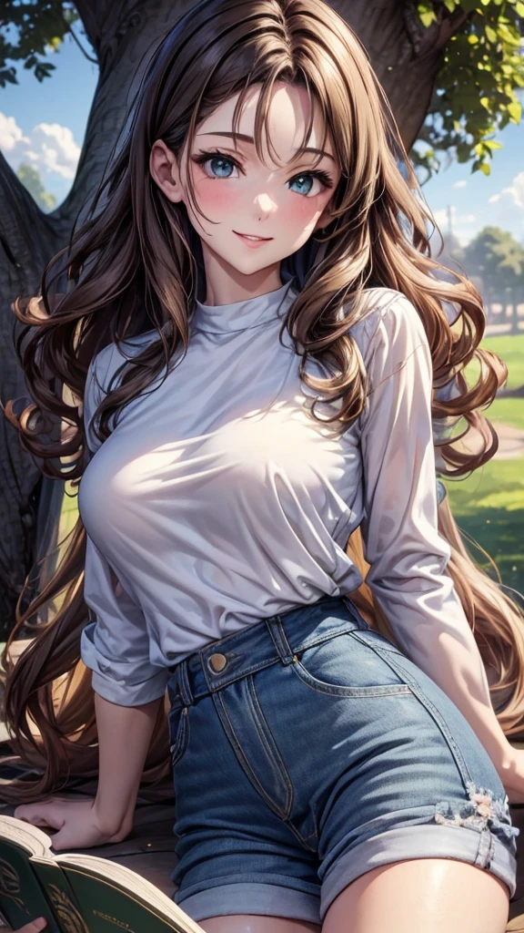 masterpiece, , Extremely detailed), Portrait of a woman with light brown hair, Curly green eyes, Beige top and blue jeans，Smiling blue shorts singing under the tree (Leaning against a tree) and read a brown book - automatic super realistic -  