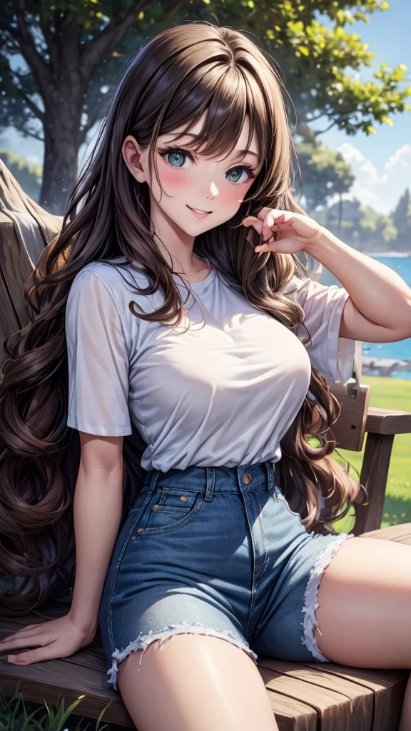 masterpiece, , Extremely detailed), Portrait of a woman with light brown hair, Curly green eyes, Beige top and blue jeans，Smiling blue shorts singing under the tree (Leaning against a tree) and read a brown book - automatic super realistic -  