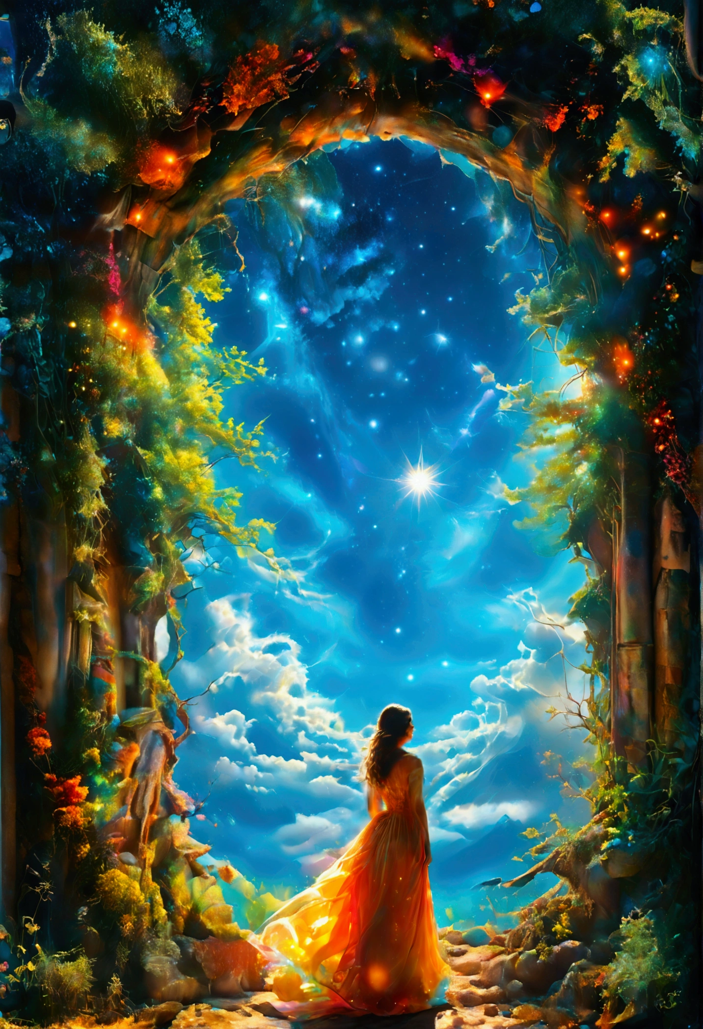 whimsical, realistic, pen and pencil drawing, colorful, full image, woman standing back to viewer in front of an arch, on the other side lie four visible different seasons, inviting an option of time travel into ones past, time travel at it's very best, mystical and magical, background blue starry sky, in the style of Jacqueline wild, Beautiful fantasy portrait Save it now so you can look back on it later
