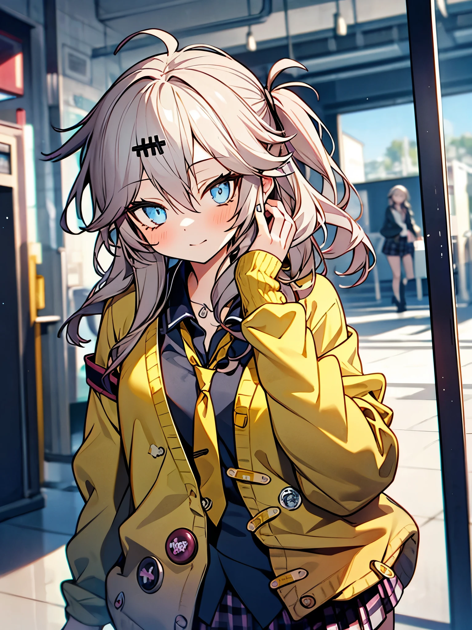 masterpiece, Best Quality, Perfect Face, Highest Resolution, Best Quality,Detailed depiction of the eyes, 8k, kasukabe tsumugi, One Girl, Black shirt, Yellow tie, Yellow cardigan, Loose socks, plaid skirt, Train Station