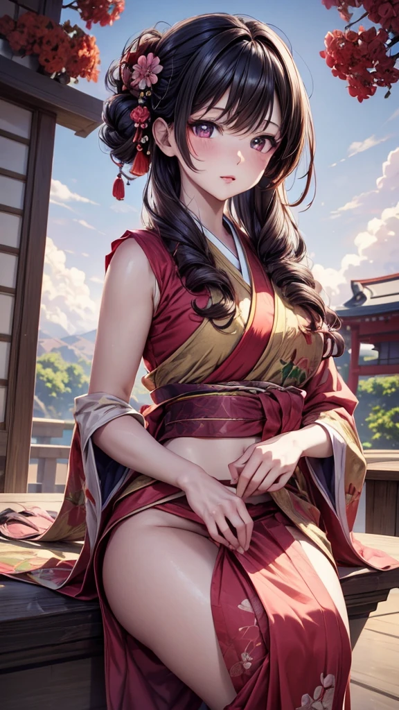 (masterpiece),(:1.0), (Ultra-high resolution:1.0), Detailed illustration, 8K, Japanese cartoons, 1 Girl, beautiful Japanese cartoons girl, Wearing a sari, Wearing a pink saree, Beautiful posture, Pretty Face, Detailed face, Beautiful eyes, Crimson eyes, Detailed eyes, Red lips, Red lipstick, Slightly brown hair, There is a pink flower on the ear, Hair highlights, permanent, Red flowers on a tree behind, Clear sky，Clouds, Detailed, complex, Japanese cartoons style, highly Detailed