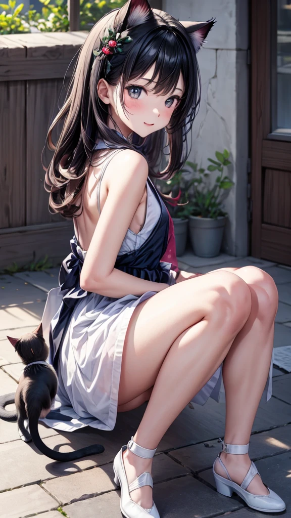 , high resolution, Unique image, (many (Detailed) small cats) With a girl:1.3), Focus on cats, small (Detailed) Cat next to girl,The background is the back alley, Detailed阳光, Sitting, Girl looking at the audience, Front view, (Cat looking at the viewer:1.2), Sitting on the floor grasping knees, (Happy:1.3) , (kitten)