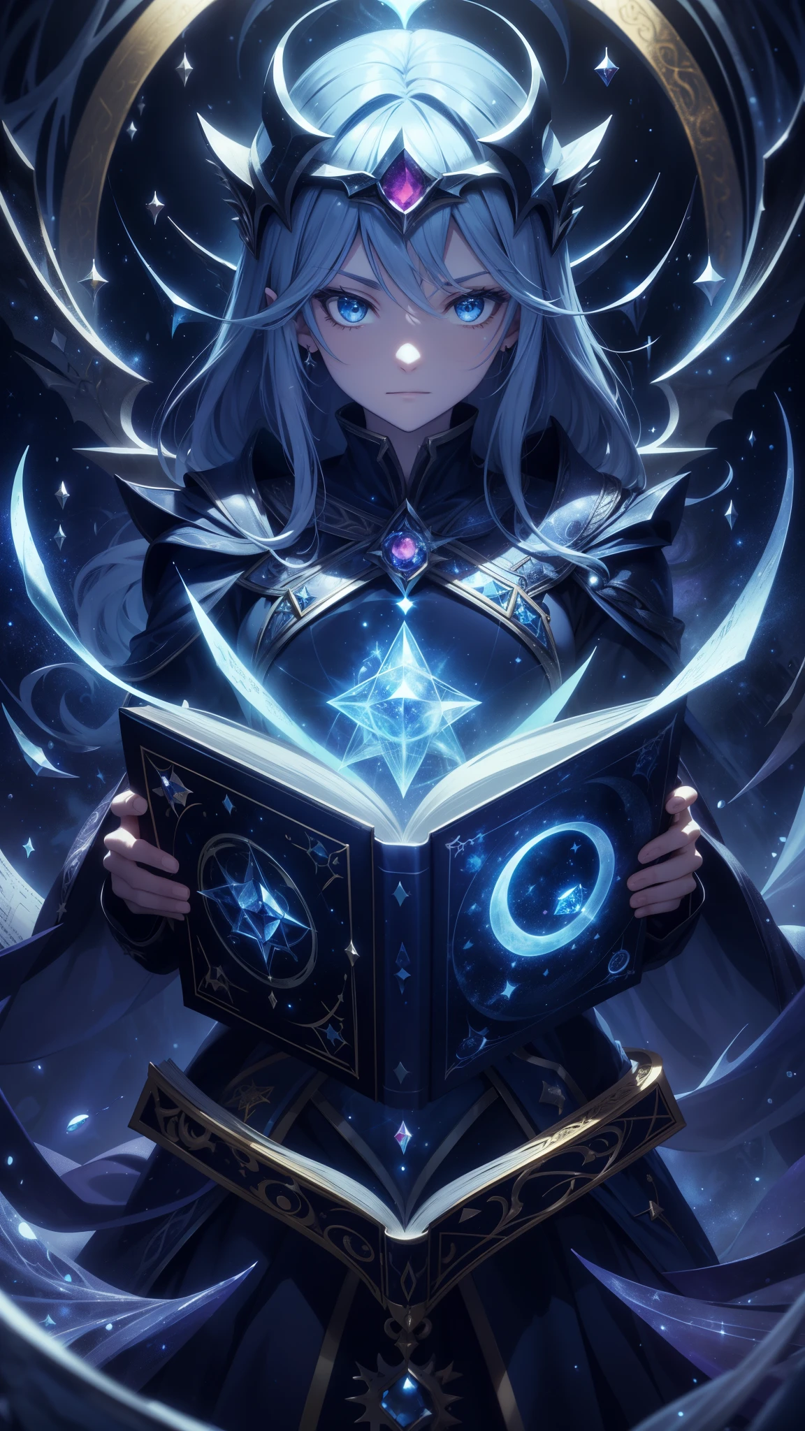 magic grimoire, night book, beautiful blue and gold, Jewel, runes inscribed on the spine of the book, silver and blue and therefore, magic, Fantasy, magic book, abyss magic, Space Stars, therefore, moon phases in the book, emblem of the constellations, ruby gems, square book, closed book
