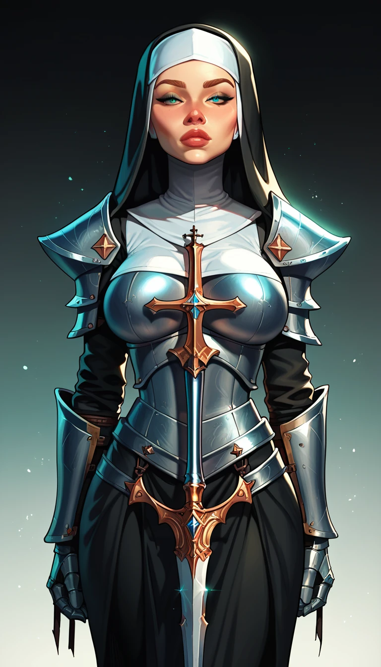 Warrior nun, Paladin, knight, armored, modest, fully-covered, knight plate, metal armor, large breasts, crossbow.