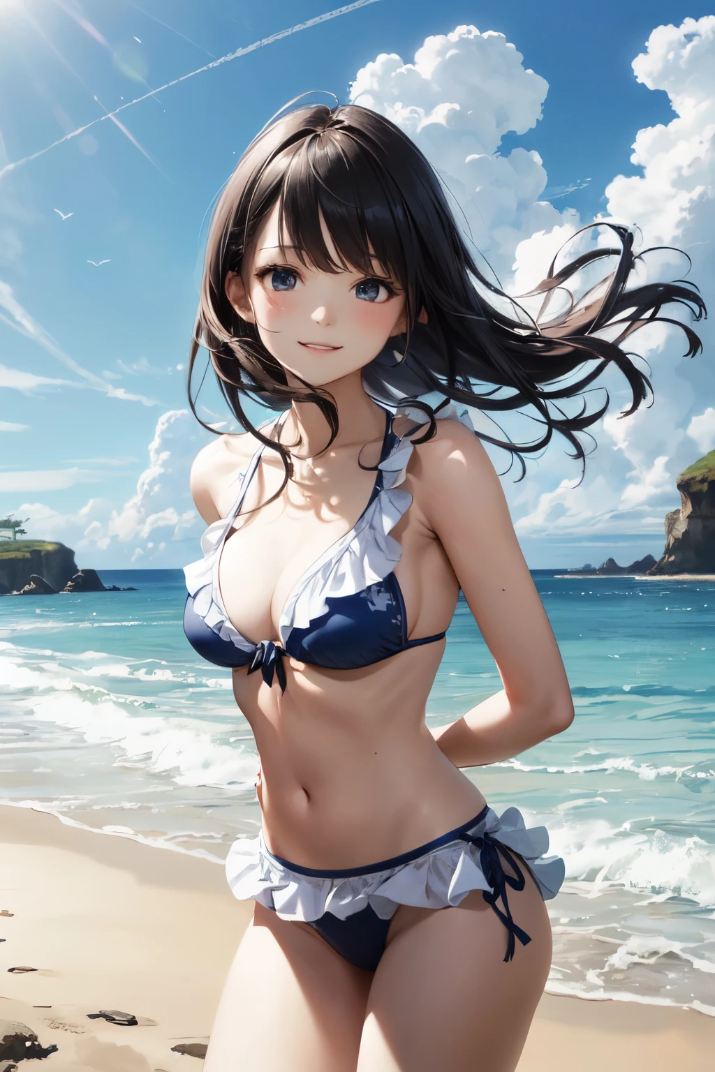 very cute and beautiful girl,(highly detailed beautiful face and eyes),floral frilled white bikini, sitting,beautiful legs,beach,distant rugged cliffs,(smile),looking at viewer,black hair, (best quality,masterpiece),absurdres,highres,ultra-detailed,extremely detailed,32k, cinematic scene,detailed background,solo,dynamic angle, hair fluttering in the wind,beautiful detailed sky,(realistic),