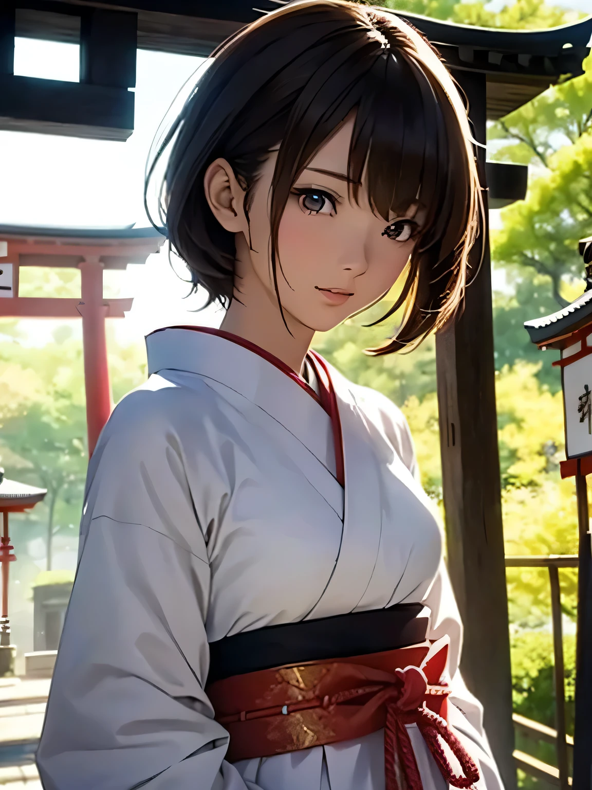 High resolution, 8k, Best Quality, detailed, Semi-realistic anime, 3D anime style, Smooth anime CG, One Girl, 20 year old Japanese woman, slim, Modeling, Shiny brown hair, detailedな顔, Beautiful and detailed, Glowing Skin, Hard Focus、Film Grain, Soft lighting, Looking at the audience, Laughter, (A woman wearing traditional Japanese clothing and sneakers), Quiet grounds、The morning sun shines down on the approach to the shrine, where a towering torii gate stands.