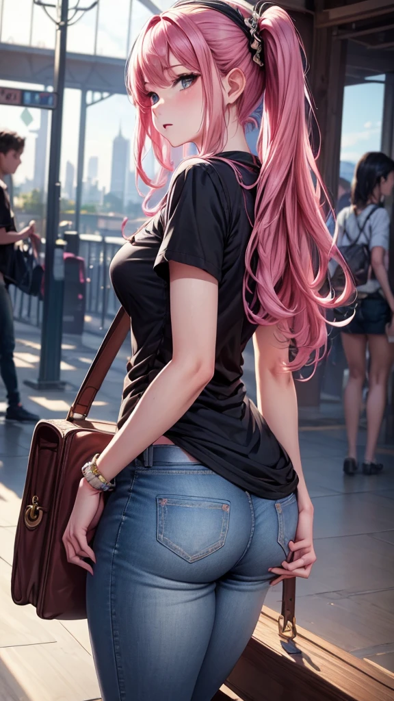 (masterpiece), (), (high resolution), Detailed, (Intricate details 1.2), (Hyper Detailed 1.4), (Gorgeous digital art 1.2), absurd, 1 Girl, Small Breasts, butt, Hair accessories, Solitary, Pink Hair, (Black shirt:1.3), jeans, (TRAIN STATION:1.2) running, thigh, shortstack, 