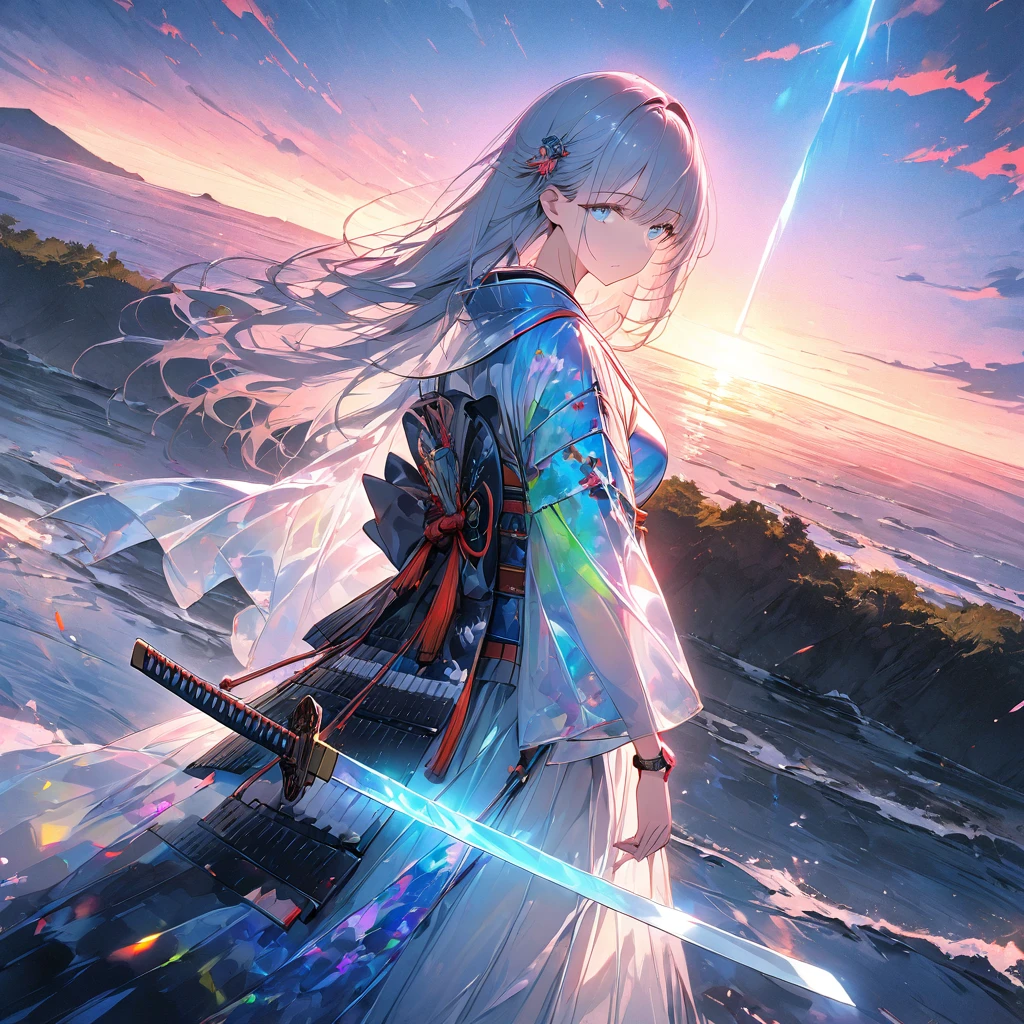 Woman turning her back,samurai,The woman has a sword,Raise your sword to the sky,Glowing Sword,Japanese sword,Japanese Armor,Glass Clothes,blue eyes,Neon colors standing in the wilderness,horizon,Akatsuki masterpiece,Best Quality,Exquisite,8k,Absurd,Ultra-detailed illustrations,(Watch the audience),Angle from the side