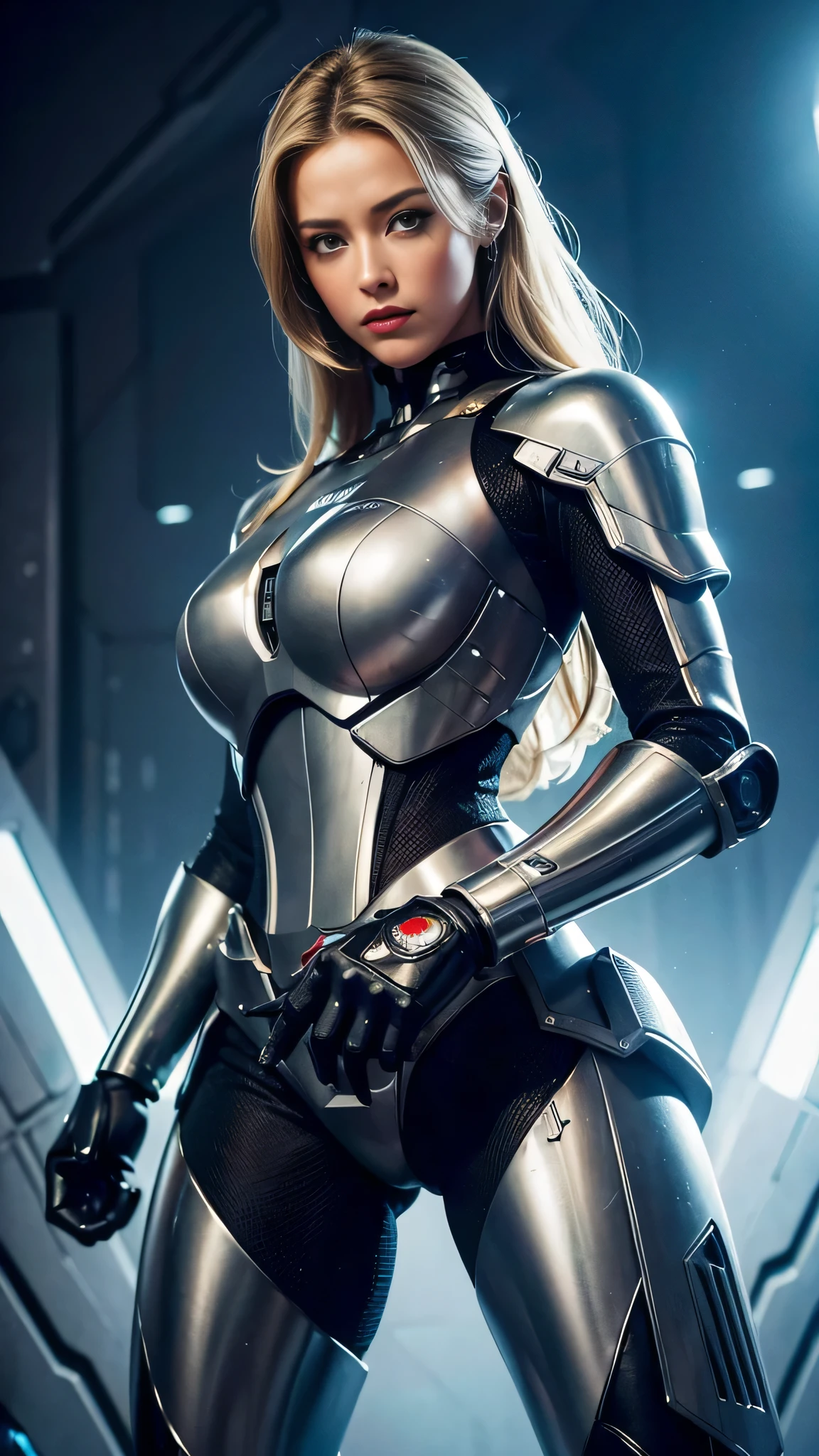 (Ultra High Definition Image Fidelity :1.2),realistic,High Quality, movie light,  full body, AMBER HEARD, 28 years, beautiful European blonde woman, (stands in front of a giant war robot:1.3)，She is wearing a BLACK AND SILVER ROBOCOP SUIT and a black jacket, Flirt with the camera, Beautiful elegant pose, CARRY A WEAPON