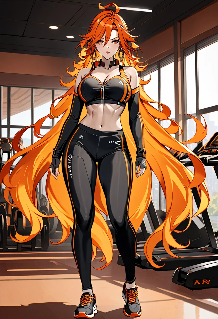 (masterpiece), (detailed anime style), Beautiful Mavuika, fitted sports bra, fitted leggings, orange hair, very big breasts, I will trace the great, posing,an electric gym