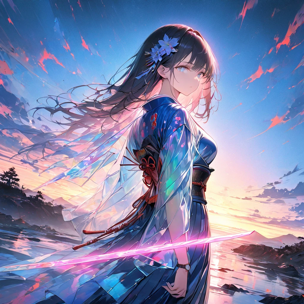 Woman turning her back,samurai,The woman has a sword,Raise your sword to the sky,Glowing Sword,Japanese sword,Japanese Armor,Glass Clothes,blue eyes,Neon colors standing in the wilderness,horizon,Akatsuki masterpiece,Best Quality,Exquisite,8k,Absurd,Ultra-detailed illustrations,(Watch the audience),Angle from the side