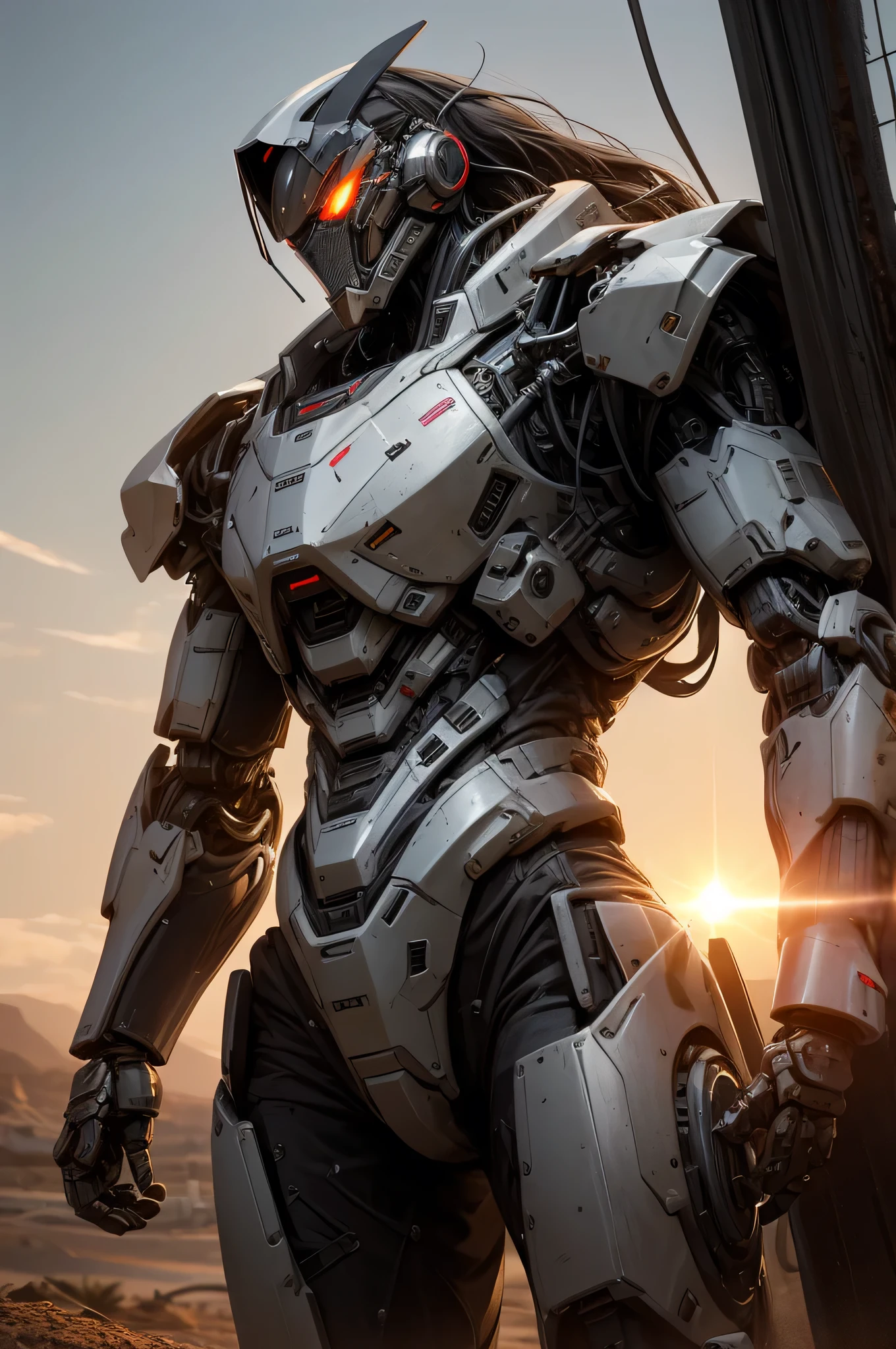 Photorealistic Photo, Mechanical exoskeleton armored robot in the distance, long long hair, Bust, Sundown, dirt, end of the world