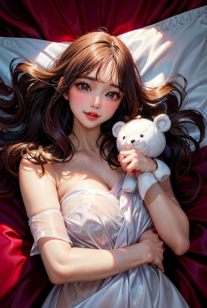 A woman,sexy, linda, attractive, smiling,  full lips, wavy hair, light eyes, flushed skin, usando um baby Doll transparente, lying face down on the bed,, holding a teddy bear, masterpiece, high resolution, detail., close up image, 4K, high resolution Big Breasts, 