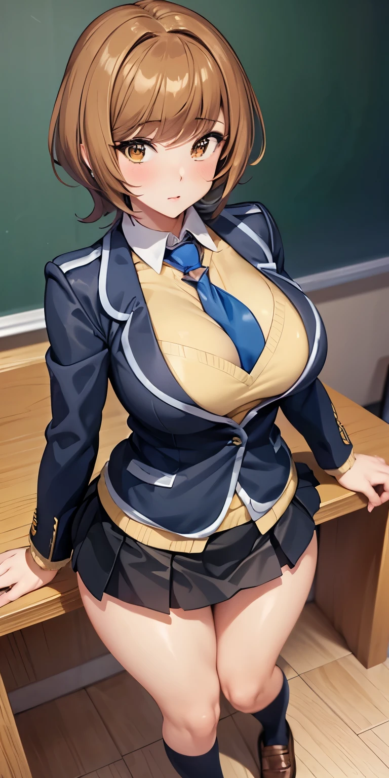 1 Female,High definition,high resolution,Ultra-realistic,8K, hmza, short hair, antenna hair, brown eyes, school uniform, blue necktie, yellow shirt,black jacket, long sleeves, black skirt,tight skirt, miniskirt, large breasts, brown shoes,large breasts,European,sexy,Upper body close-up,Photographed from the front,Dynamic Angles,private teacher,A little sheer underwear,blue underwear,blush, big tits ,(top view),(full body), perfect face,cute face