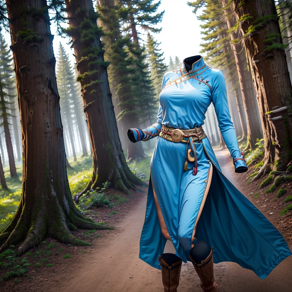 (Best-quality, Masterpiece, Ultra-High-Resolution), (invisible, no humans, headless, faceless:1.5), close-up shot of breasts, blue dress, long sleeves, side slit, (defaultLyn), blue dress, pelvic curtain, sash, brown boots, one girl, alone, in forest