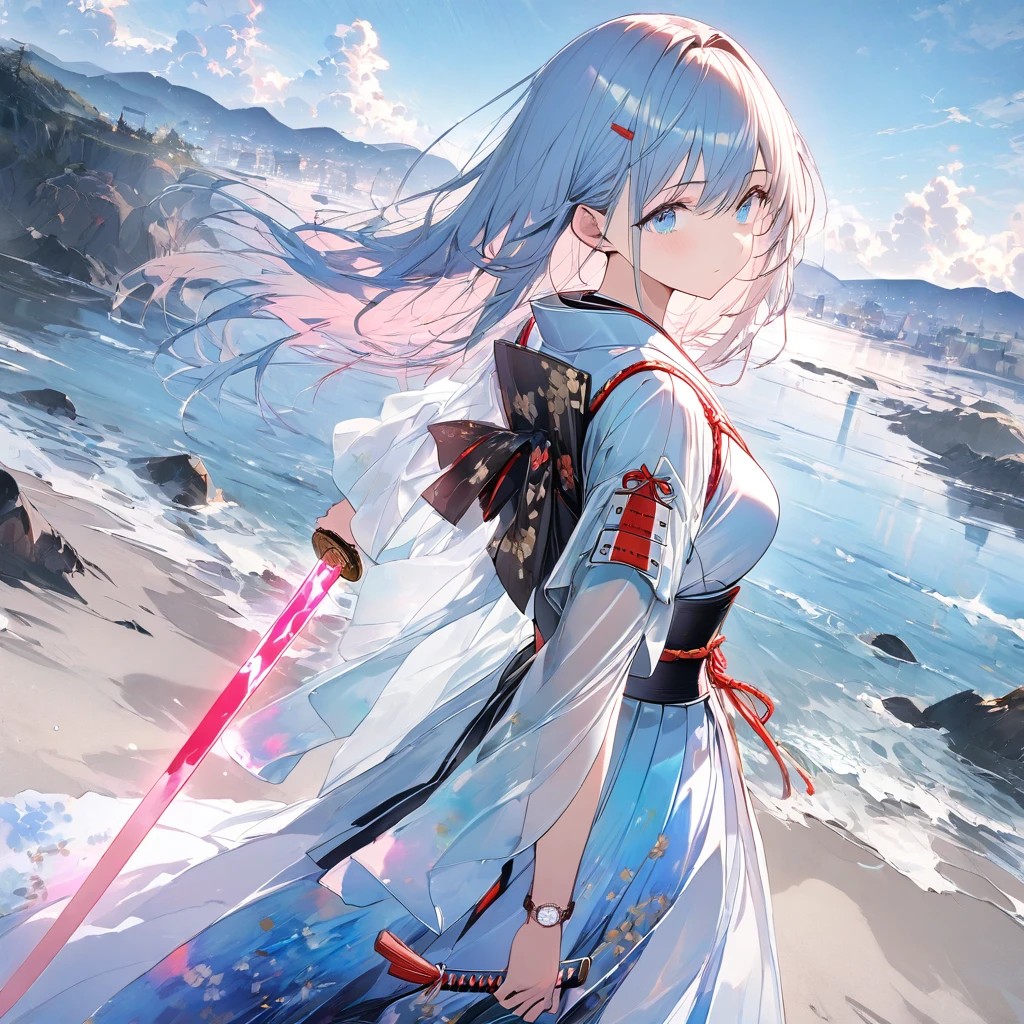 Woman turning her back,samurai,The woman has a sword,Raise your sword to the sky,Glowing Sword,Japanese sword,Japanese Armor,Glass Clothes,blue eyes,Neon colors standing in the wilderness,horizon,Akatsuki masterpiece,Best Quality,Exquisite,8k,Absurd,Ultra-detailed illustrations,(Watch the audience),Angle from the side