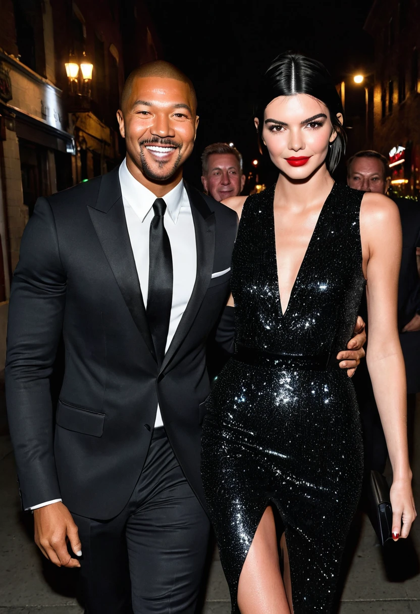 Caucasian actress Grace Van Patten and a handsome African American male whose facial features are a combo of Brandon P. Bell + Rome Flynn + Michael B. Jordan enjoy an evening stroll. Both are smiling. Both are dressed attractively for a night on the town. Grace wears a sparkly black dress. Grace has lovely makeup on her face. Nighttime. Romantic ambiance. Symmetrical eyes. Symmetrical faces. Lovely details. Photorealistic. Full-colored photo. Professional photo. Highly detailed 8K.