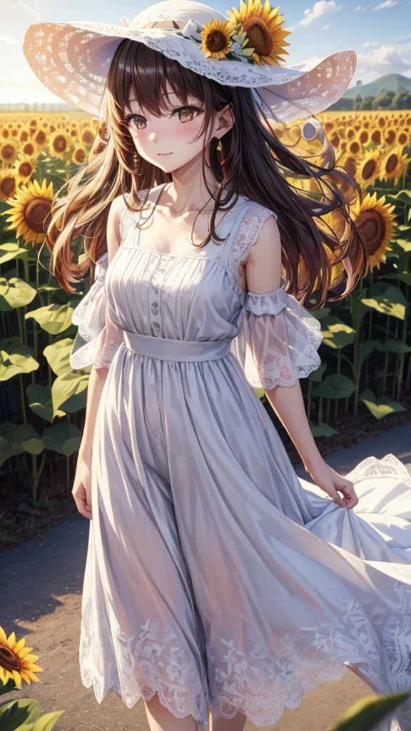 Fuwa Aika,1 Girl,Solitary, (White lace dress:1.2),Flowing long skirt (Sun hat:1.2), Sunflower field, In the sun, A faint smile,Looking at the audience, wind, Dynamic, Strong light and shadow,Dynamic pose,