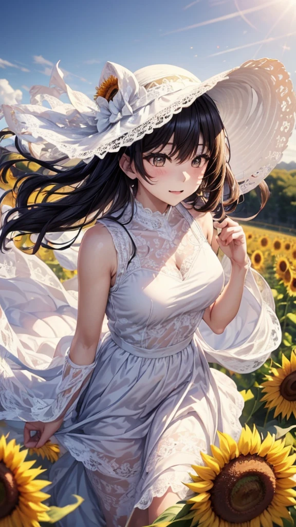 Fuwa Aika,1 Girl,Solitary, (White lace dress:1.2),Flowing long skirt (Sun hat:1.2), Sunflower field, In the sun, A faint smile,Looking at the audience, wind, Dynamic, Strong light and shadow,Dynamic pose,